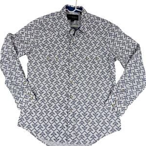 Rock & Roll Cowboy Shirt Mens Large White/Blue Geometric Snaps Western Cowboy